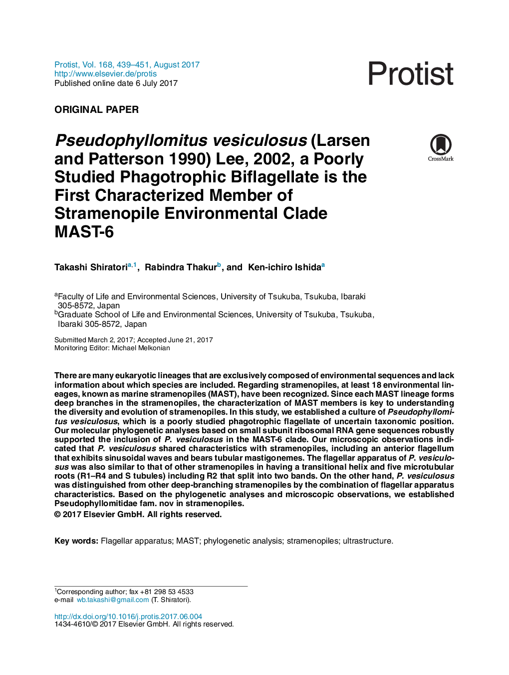 Original PaperPseudophyllomitus vesiculosus (Larsen and Patterson 1990) Lee, 2002, a Poorly Studied Phagotrophic Biflagellate is the First Characterized Member of Stramenopile Environmental Clade MAST-6