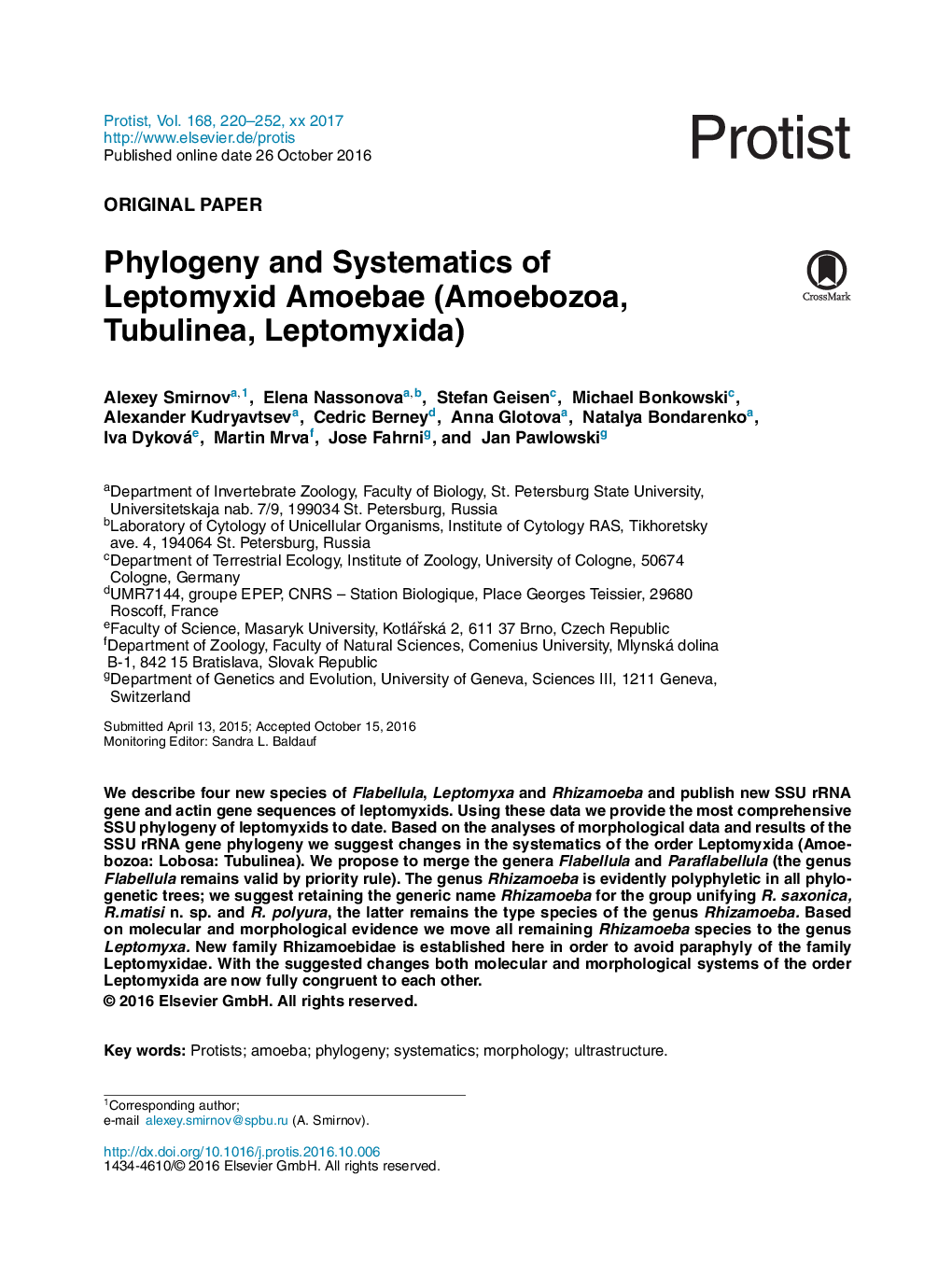 Original PaperPhylogeny and Systematics of Leptomyxid Amoebae (Amoebozoa, Tubulinea, Leptomyxida)