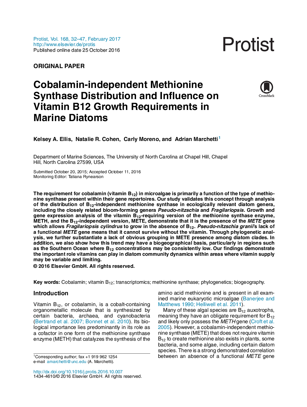 Original PaperCobalamin-independent Methionine Synthase Distribution and Influence on Vitamin B12 Growth Requirements in Marine Diatoms