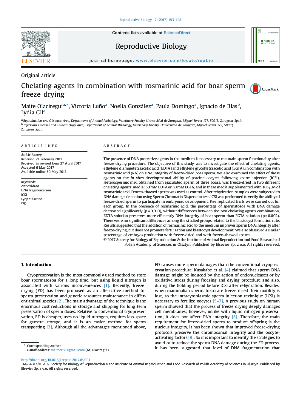 Original articleChelating agents in combination with rosmarinic acid for boar sperm freeze-drying