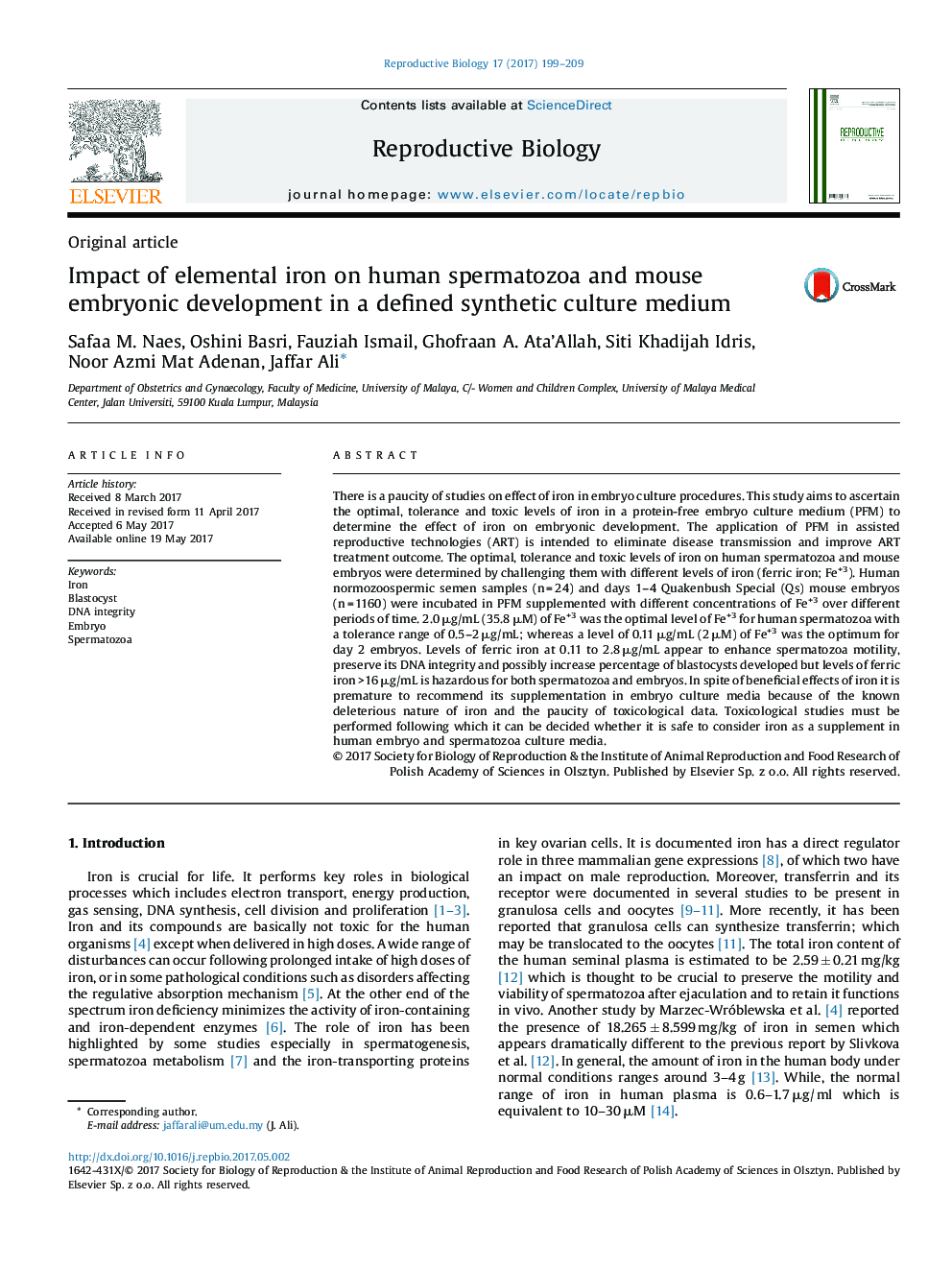 Original articleImpact of elemental iron on human spermatozoa and mouse embryonic development in a defined synthetic culture medium