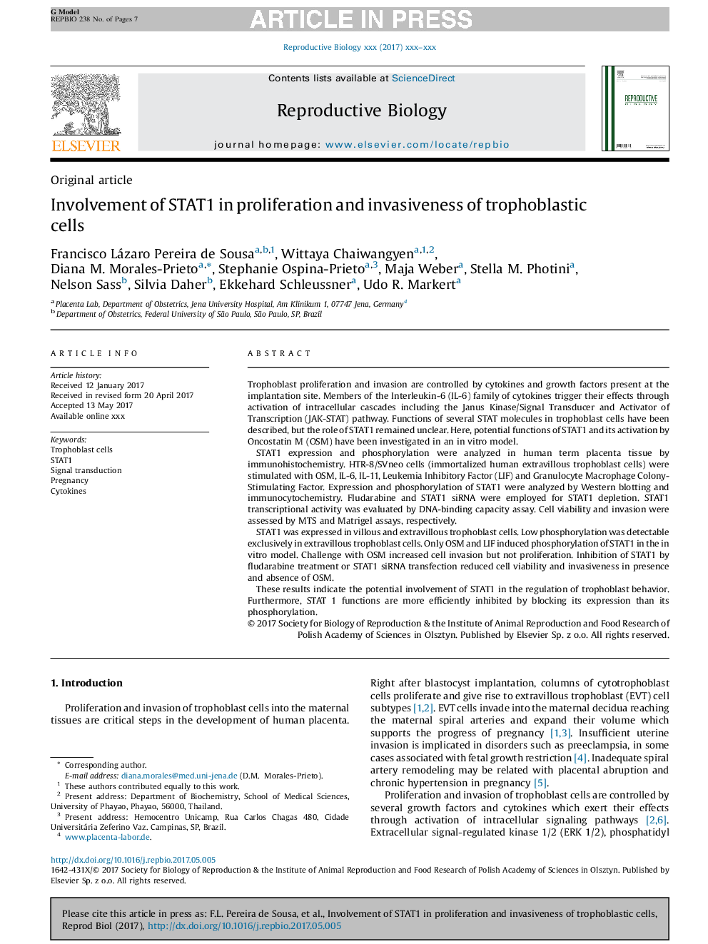 Involvement of STAT1 in proliferation and invasiveness of trophoblastic cells