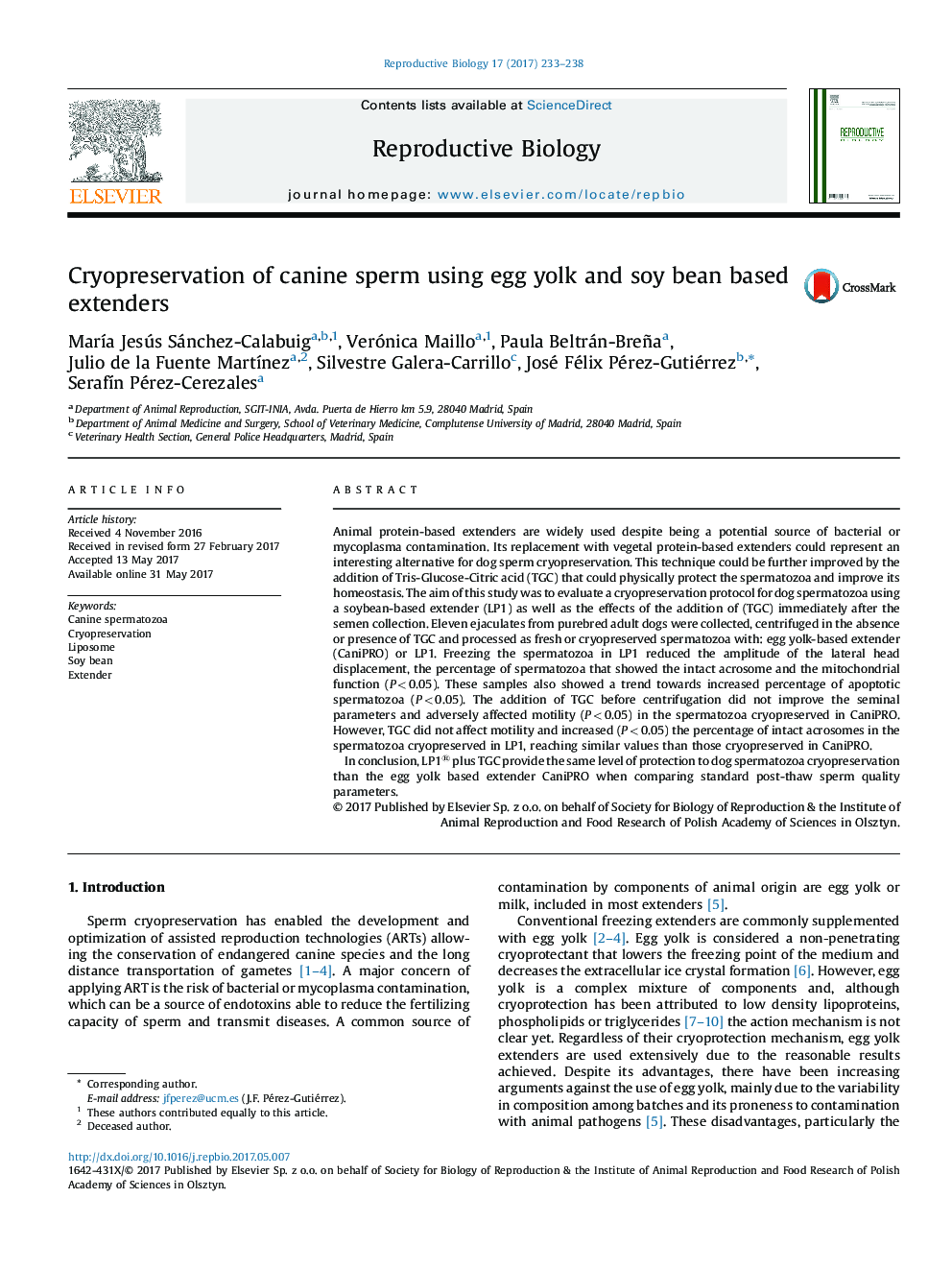 Cryopreservation of canine sperm using egg yolk and soy bean based extenders