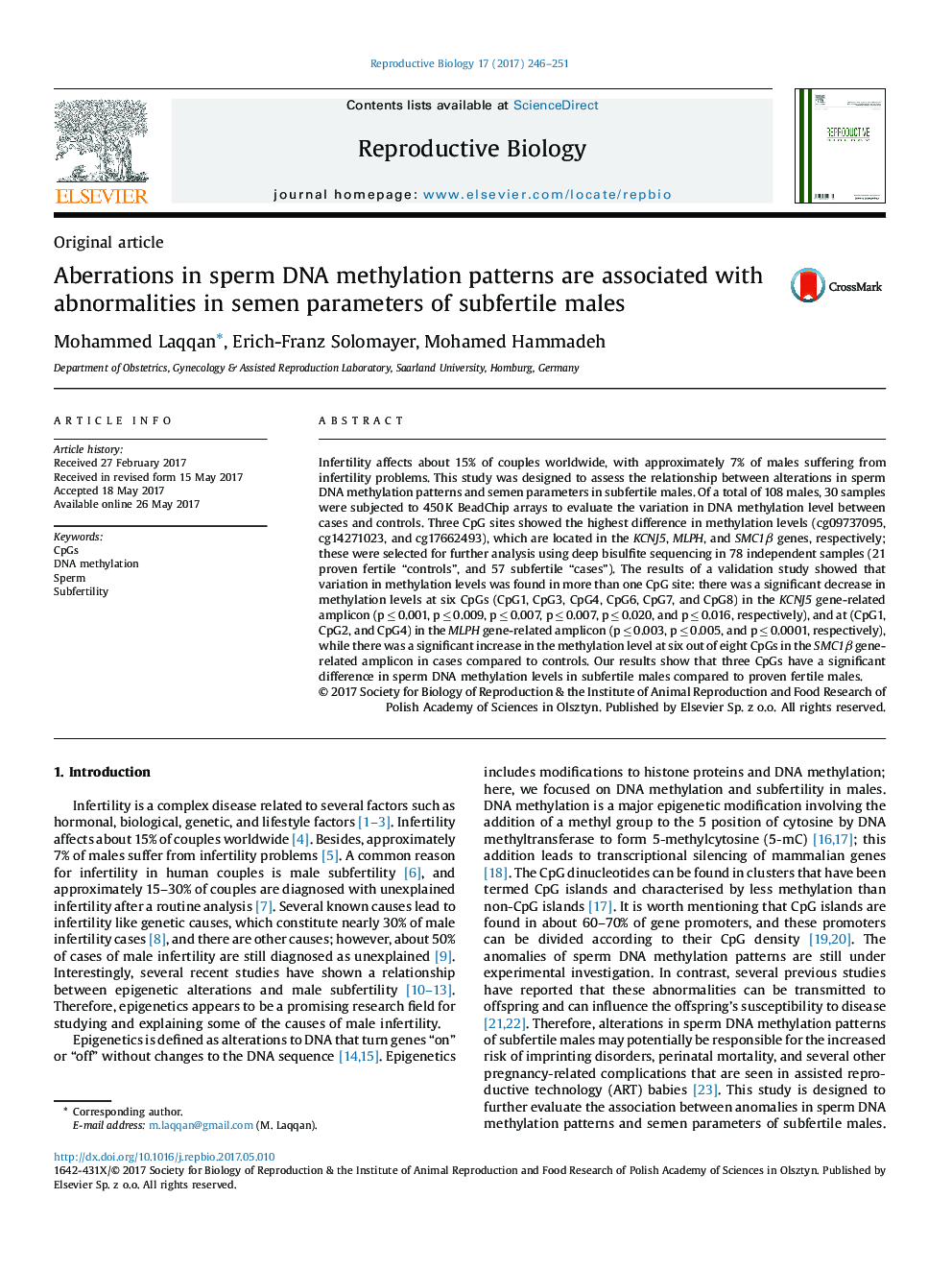 Original articleAberrations in sperm DNA methylation patterns are associated with abnormalities in semen parameters of subfertile males