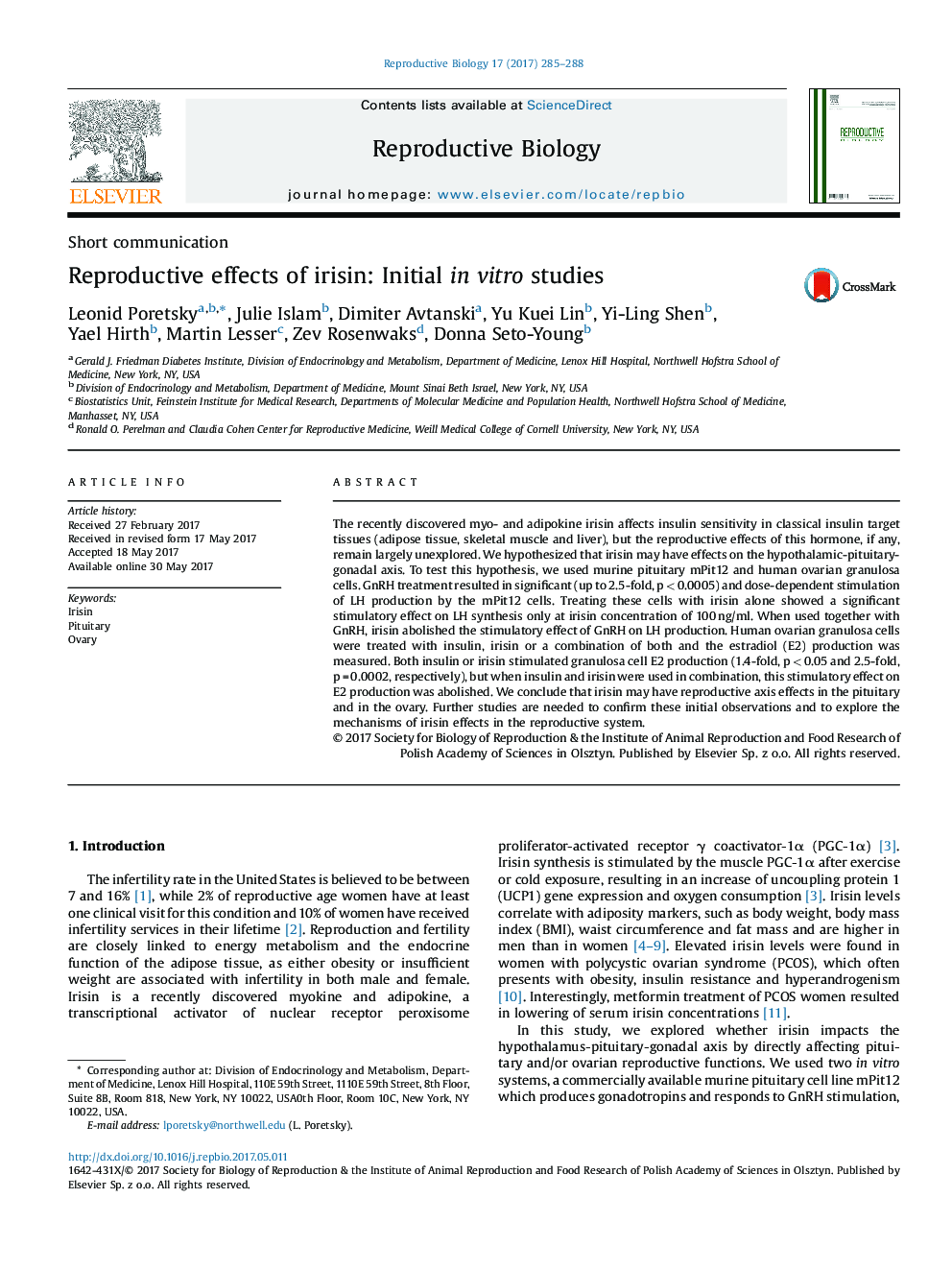 Short communicationReproductive effects of irisin: Initial in vitro studies