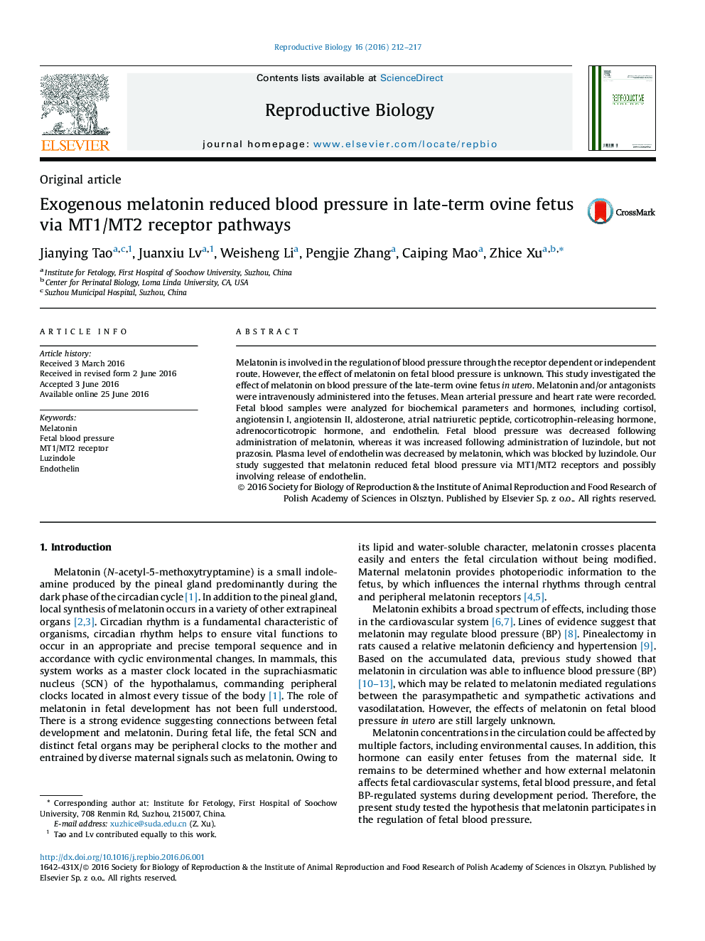 Original articleExogenous melatonin reduced blood pressure in late-term ovine fetus via MT1/MT2 receptor pathways