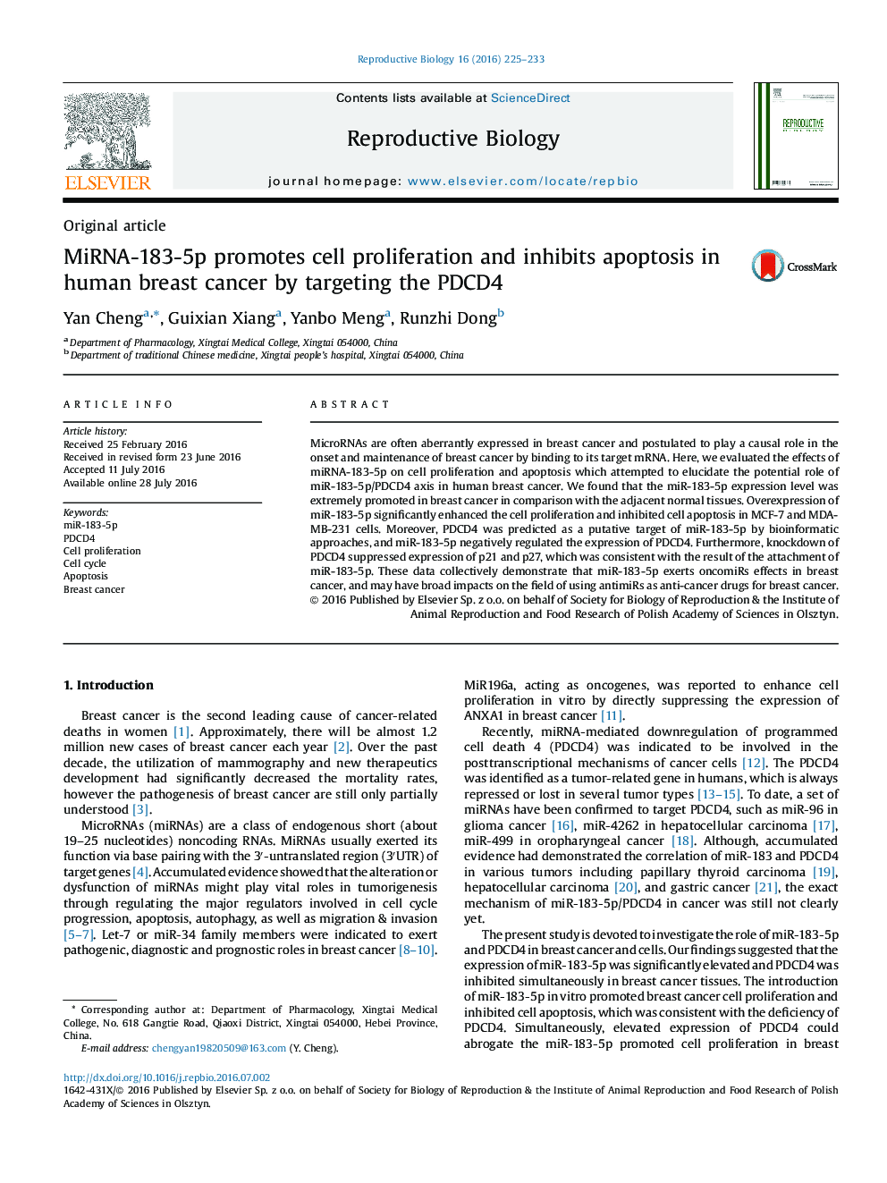 Original articleMiRNA-183-5p promotes cell proliferation and inhibits apoptosis in human breast cancer by targeting the PDCD4