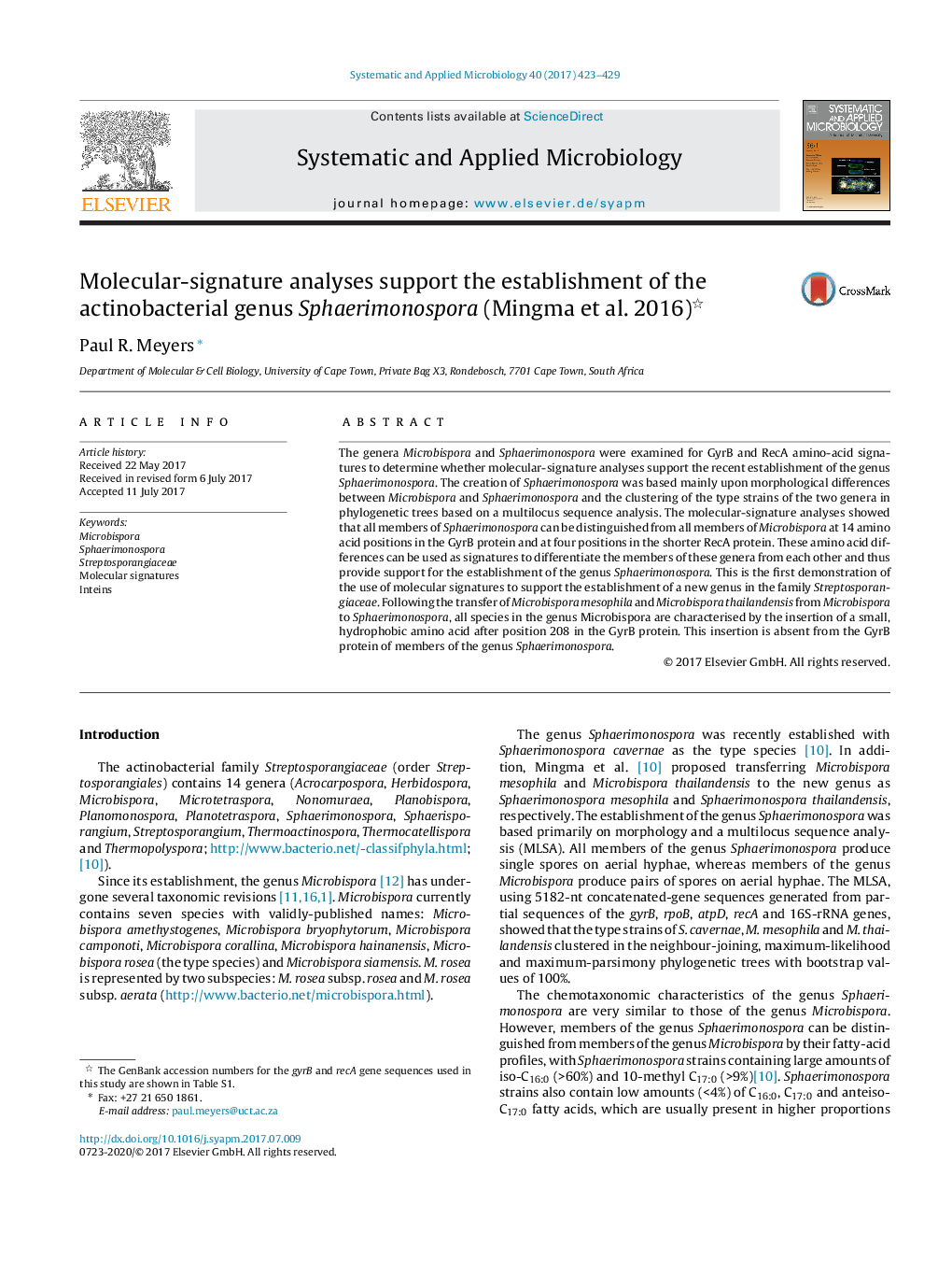 Molecular-signature analyses support the establishment of the actinobacterial genus Sphaerimonospora (Mingma et al. 2016)