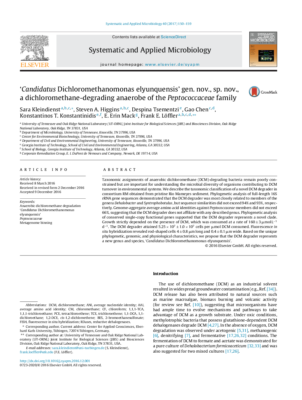 'Candidatus Dichloromethanomonas elyunquensis' gen. nov., sp. nov., a dichloromethane-degrading anaerobe of the Peptococcaceae family