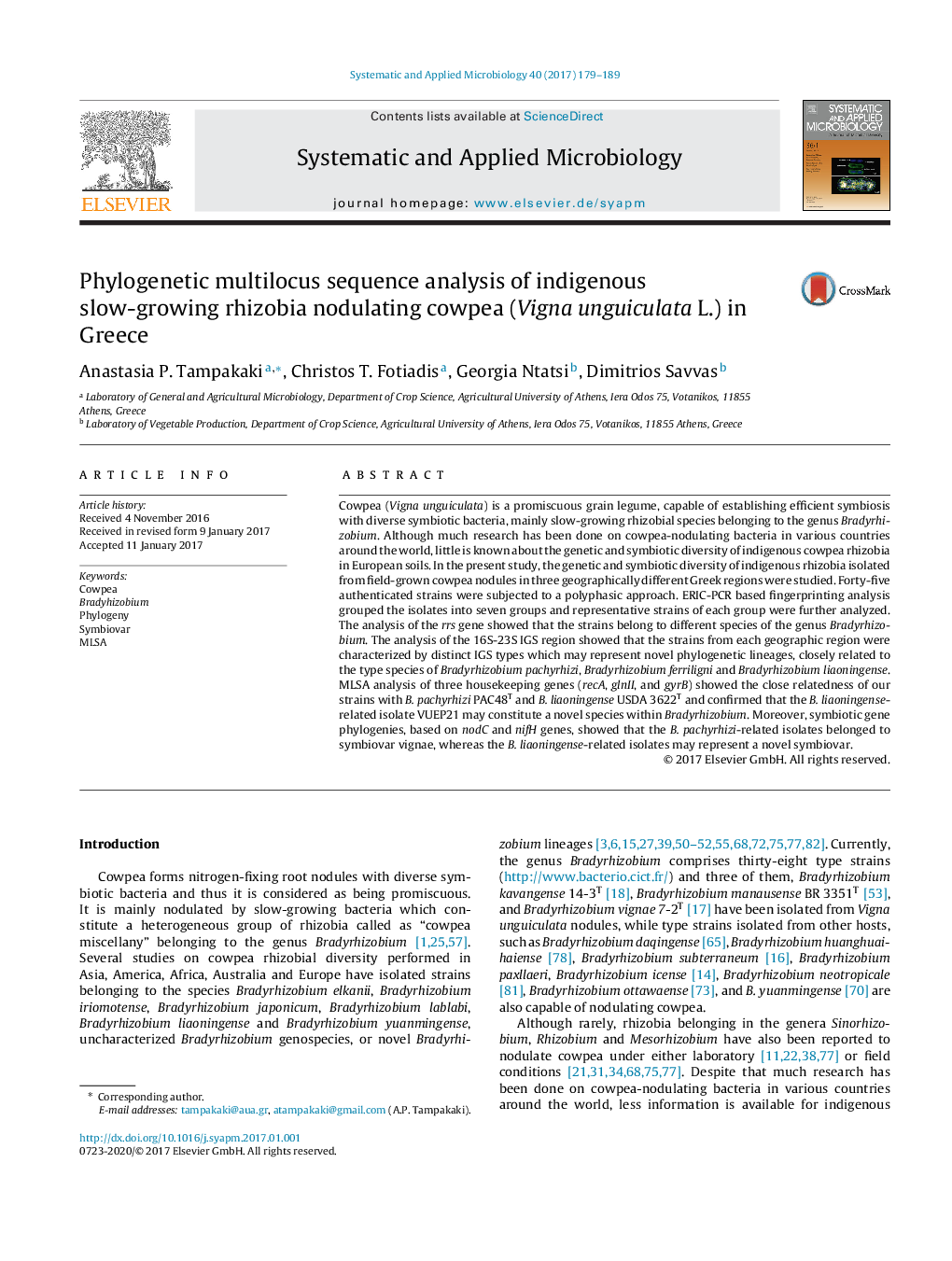 Phylogenetic multilocus sequence analysis of indigenous slow-growing rhizobia nodulating cowpea (Vigna unguiculata L.) in Greece