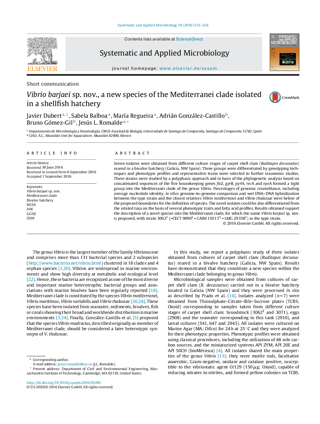 Short communicationVibrio barjaei sp. nov., a new species of the Mediterranei clade isolated in a shellfish hatchery