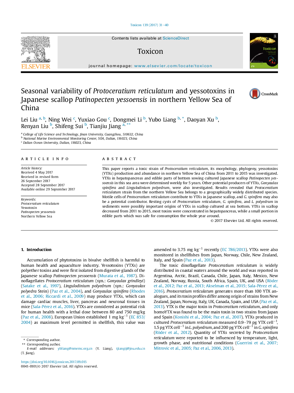 Seasonal variability of Protoceratium reticulatum and yessotoxins in Japanese scallop Patinopecten yessoensis in northern Yellow Sea of China