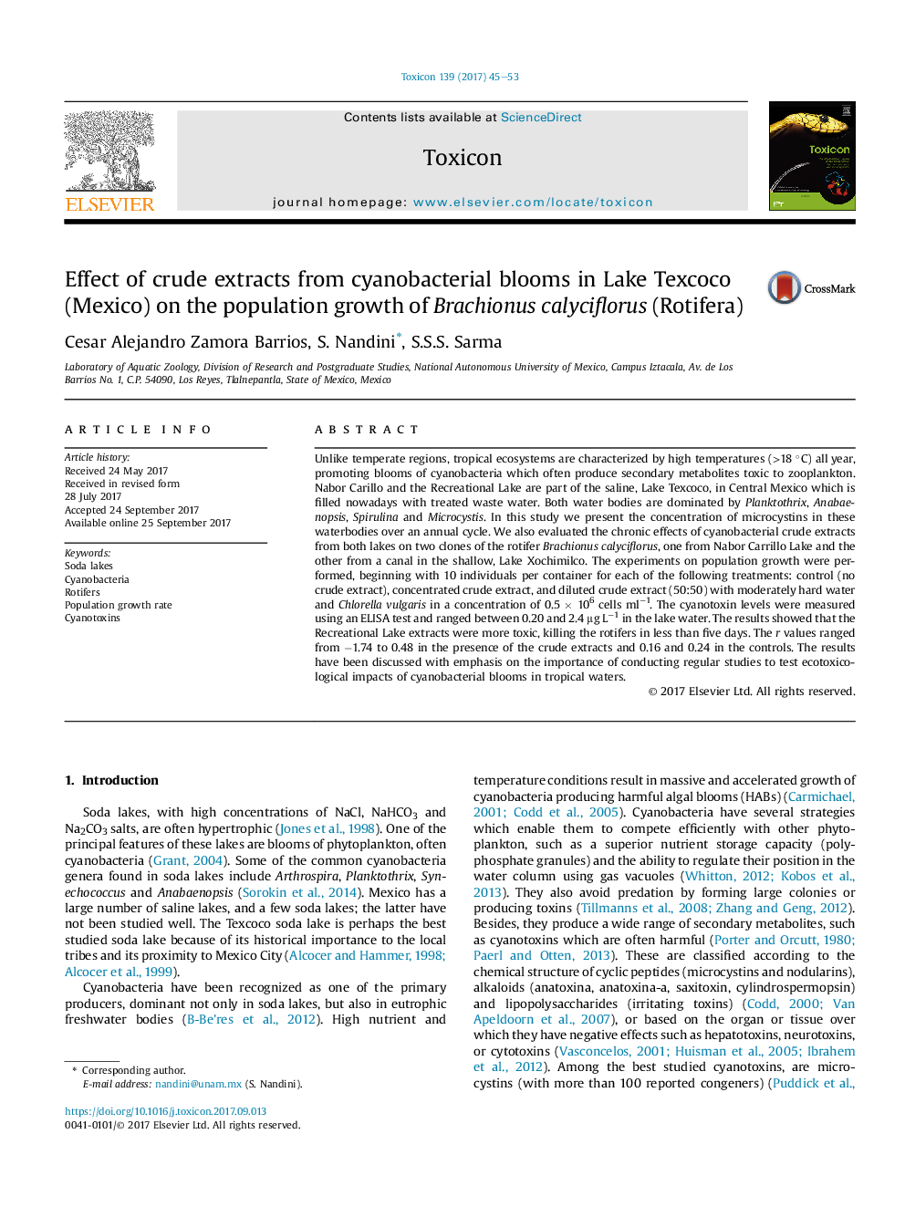 Effect of crude extracts from cyanobacterial blooms in Lake Texcoco (Mexico) on the population growth of Brachionus calyciflorus (Rotifera)