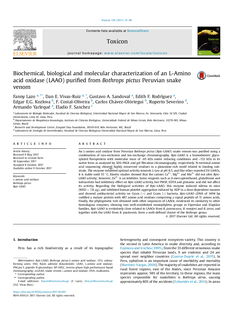 Biochemical, biological and molecular characterization of an L-Amino acid oxidase (LAAO) purified from Bothrops pictus Peruvian snake venom