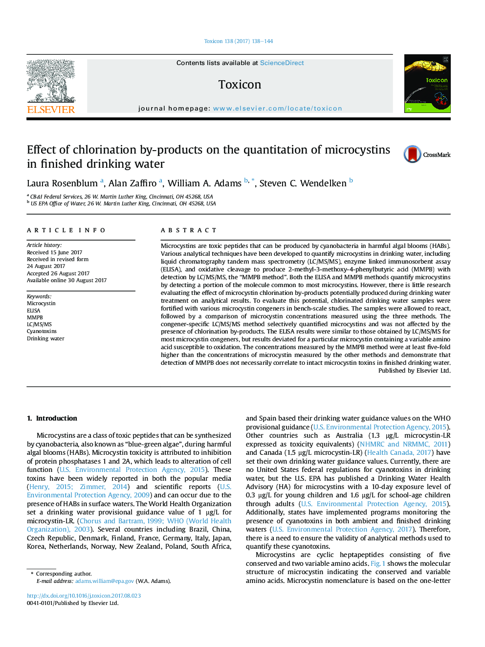 Effect of chlorination by-products on the quantitation of microcystins in finished drinking water