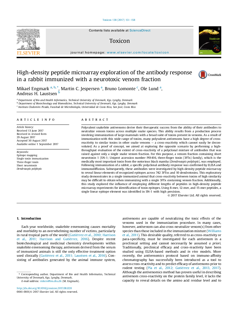 High-density peptide microarray exploration of the antibody response in a rabbit immunized with a neurotoxic venom fraction