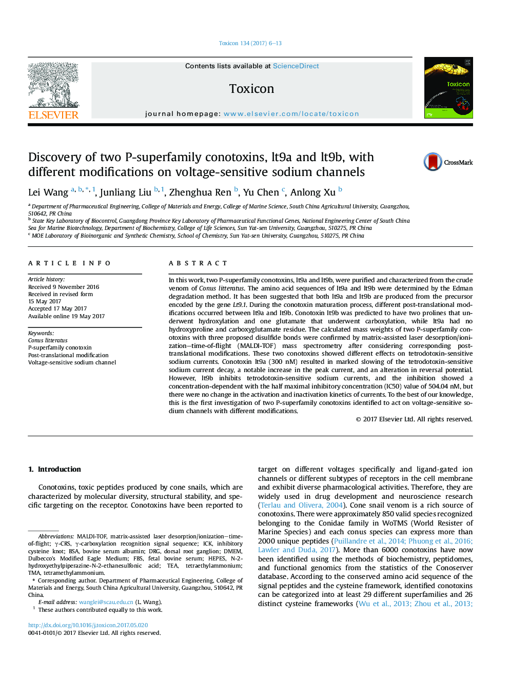 Discovery of two P-superfamily conotoxins, lt9a and lt9b, with different modifications on voltage-sensitive sodium channels