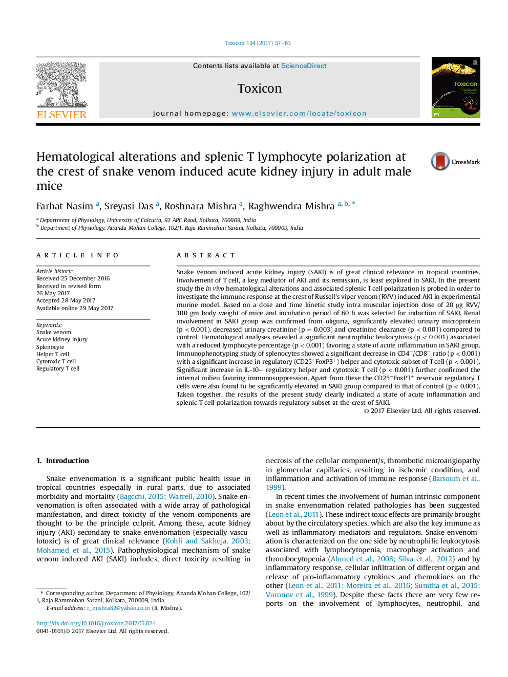 عکس صفحه اول مقاله: Hematological alterations and splenic T lymphocyte polarization at the crest of snake venom induced acute kidney injury in adult male mice Hematological alterations and splenic T lymphocyte polarization at the crest of snake venom induced acute kidney injury in adult male mice