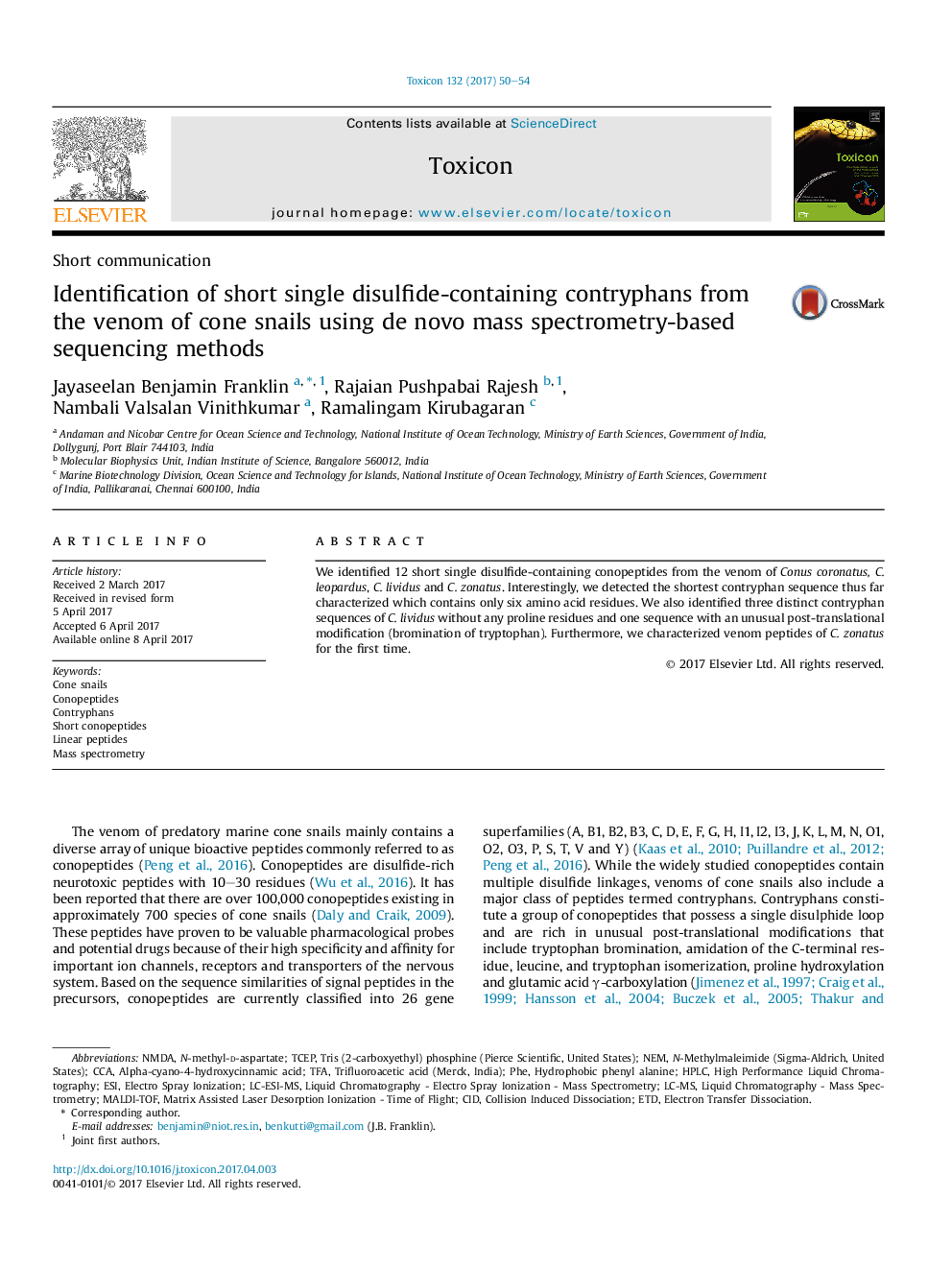 Short communicationIdentification of short single disulfide-containing contryphans from the venom of cone snails using de novo mass spectrometry-based sequencing methods