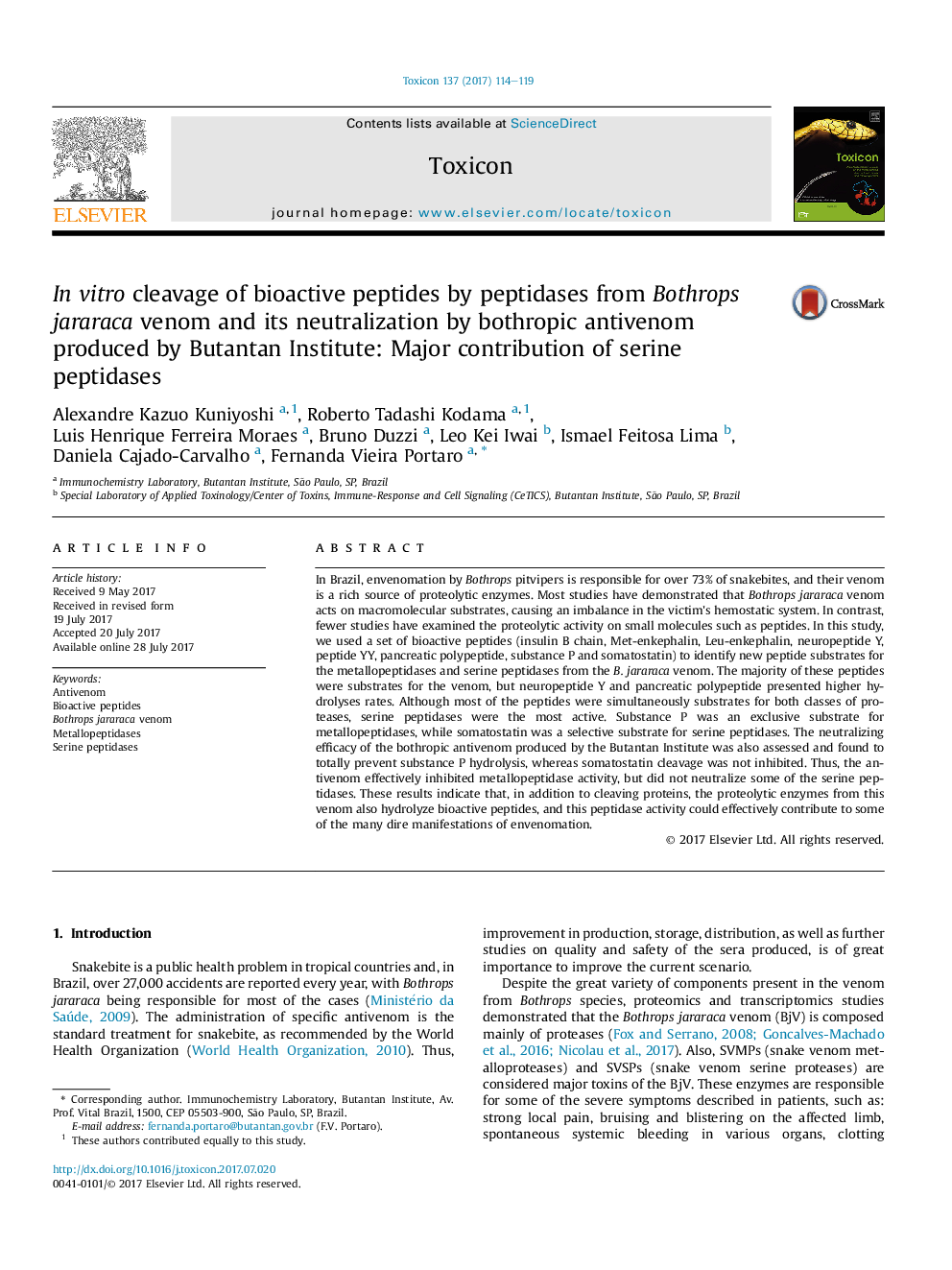 InÂ vitro cleavage of bioactive peptides by peptidases from Bothrops jararaca venom and its neutralization by bothropic antivenom produced by Butantan Institute: Major contribution of serine peptidases