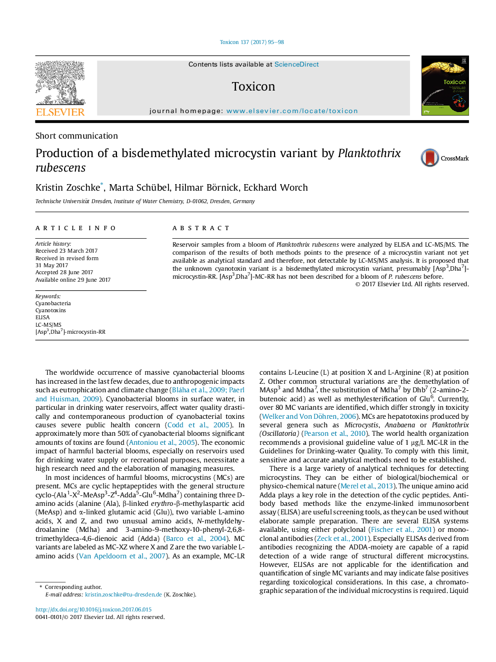 Short communicationProduction of a bisdemethylated microcystin variant by Planktothrix rubescens