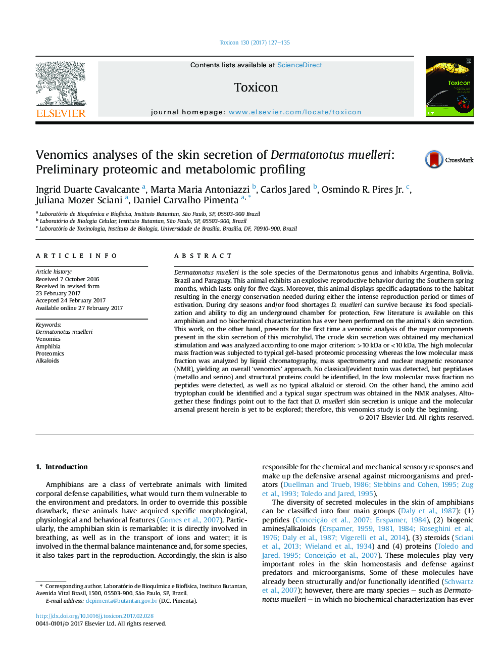 Venomics analyses of the skin secretion of Dermatonotus muelleri: Preliminary proteomic and metabolomic profiling