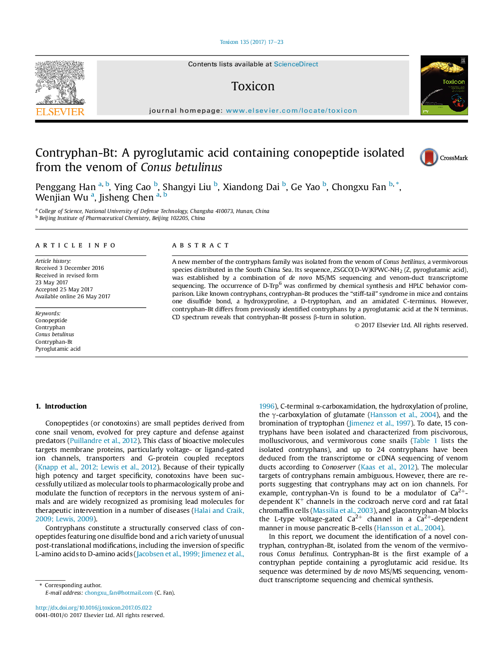 Contryphan-Bt: A pyroglutamic acid containing conopeptide isolated from the venom of Conus betulinus