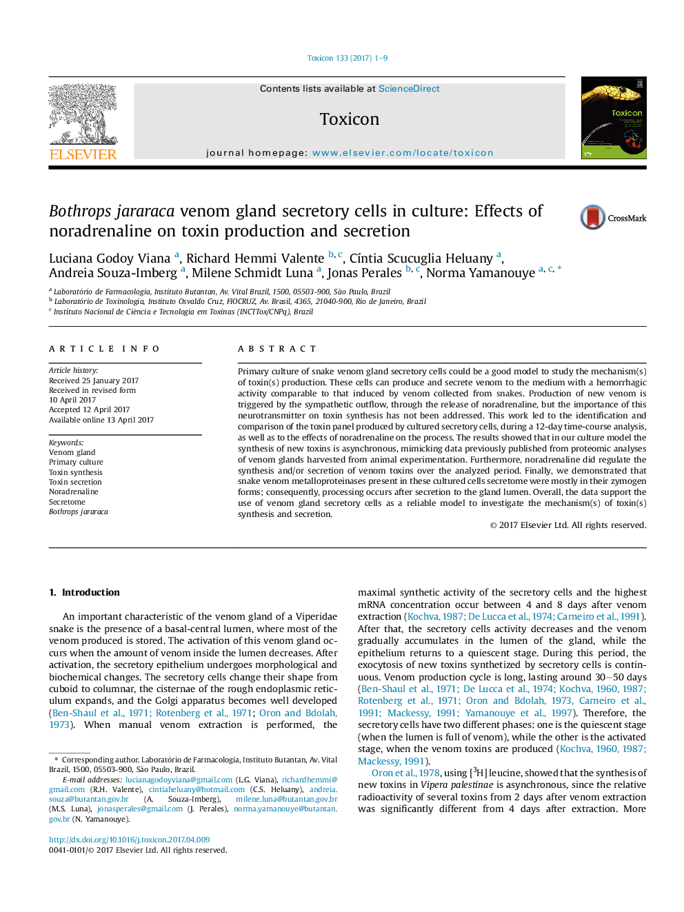 Bothrops jararaca venom gland secretory cells in culture: Effects of noradrenaline on toxin production and secretion