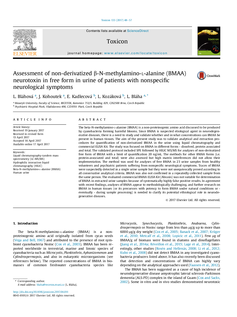 عکس صفحه اول مقاله: Assessment of non-derivatized β-N-methylamino-l-alanine (BMAA) neurotoxin in free form in urine of patients with nonspecific neurological symptoms Assessment of non-derivatized β-N-methylamino-l-alanine (BMAA) neurotoxin in free form in urine of patients with nonspecific neurological symptoms