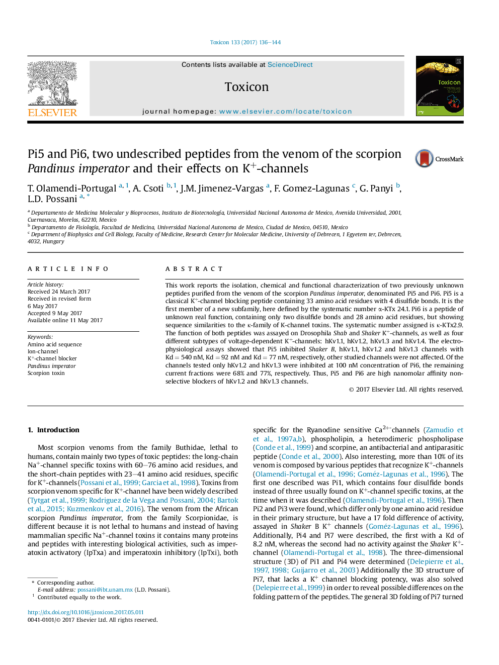 Pi5 and Pi6, two undescribed peptides from the venom of the scorpion Pandinus imperator and their effects on K+-channels