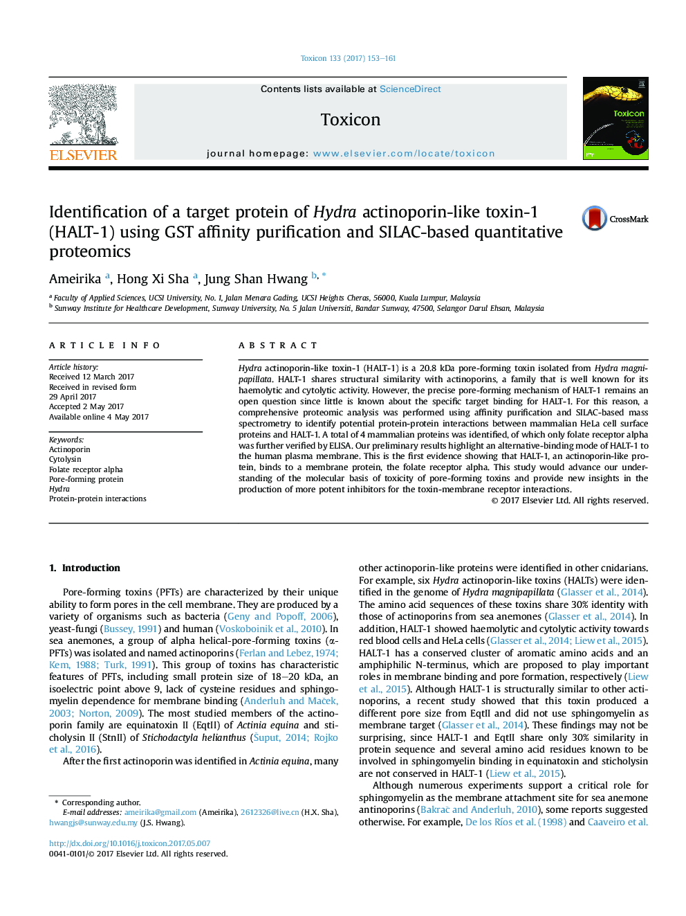 Identification of a target protein of Hydra actinoporin-like toxin-1 (HALT-1) using GST affinity purification and SILAC-based quantitative proteomics