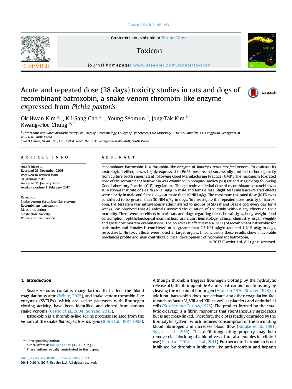 Acute and repeated dose (28 days) toxicity studies in rats and dogs of recombinant batroxobin, a snake venom thrombin-like enzyme expressed from Pichia pastoris