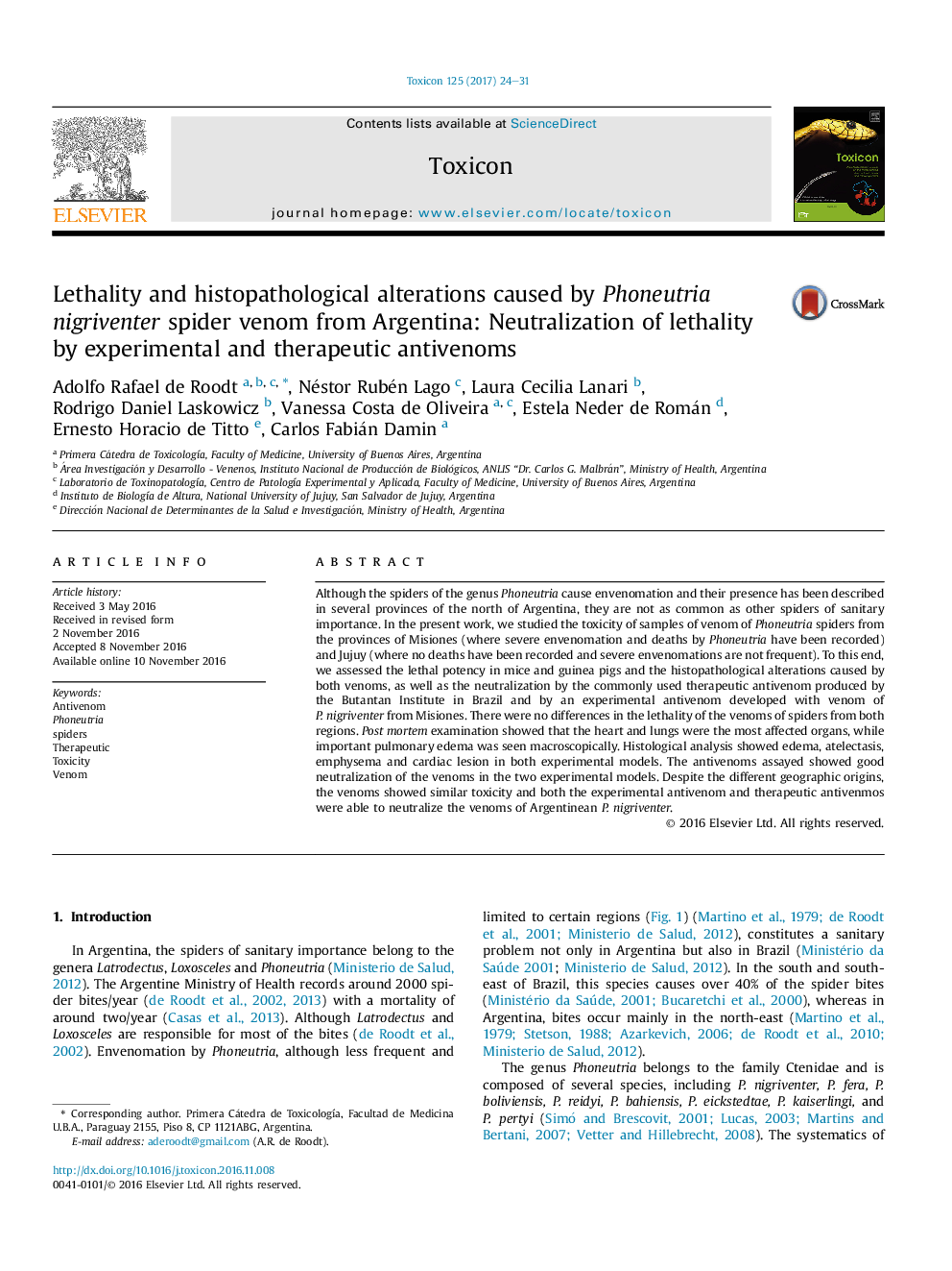 Lethality and histopathological alterations caused by Phoneutria nigriventer spider venom from Argentina: Neutralization of lethality by experimental and therapeutic antivenoms