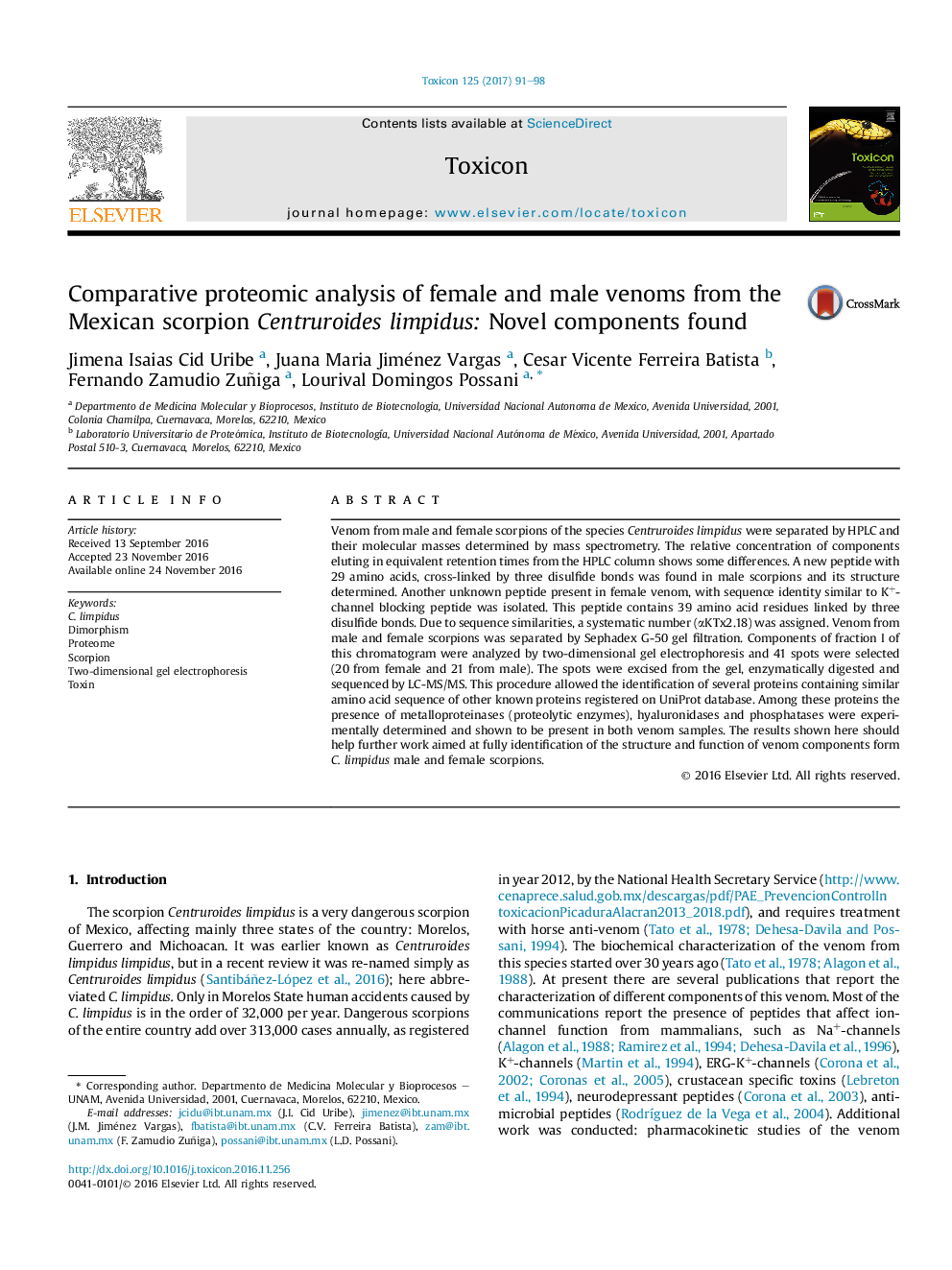 Comparative proteomic analysis of female and male venoms from the Mexican scorpion Centruroides limpidus: Novel components found