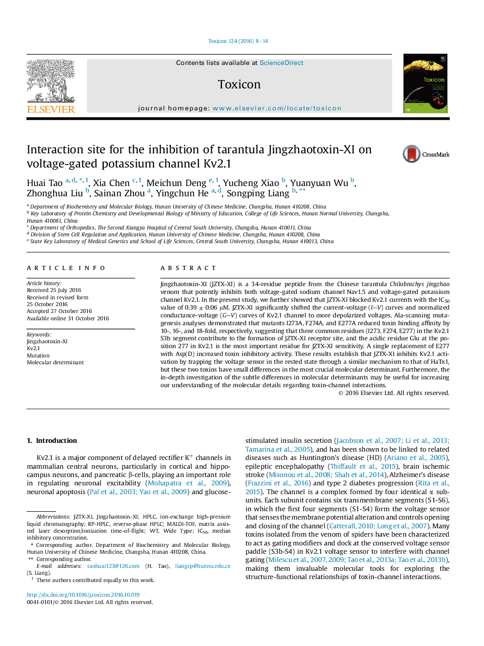 Interaction site for the inhibition of tarantula Jingzhaotoxin-XI on voltage-gated potassium channel Kv2.1