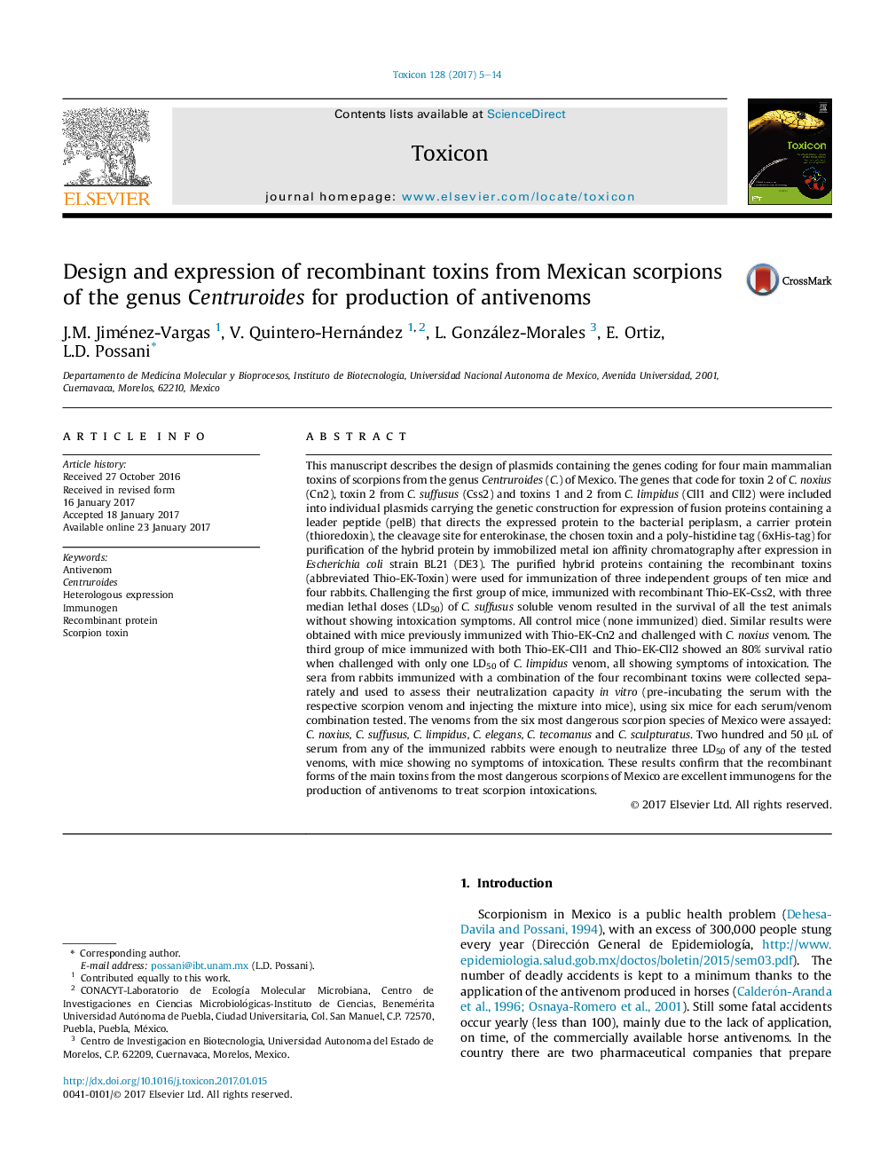 Design and expression of recombinant toxins from Mexican scorpions of the genus Centruroides for production of antivenoms