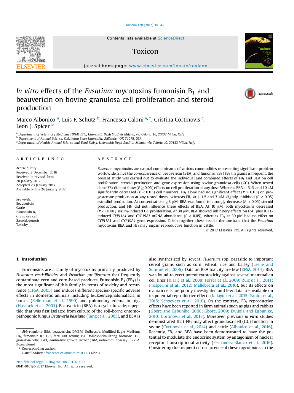 InÂ vitro effects of the Fusarium mycotoxins fumonisin B1 and beauvericin on bovine granulosa cell proliferation and steroid production