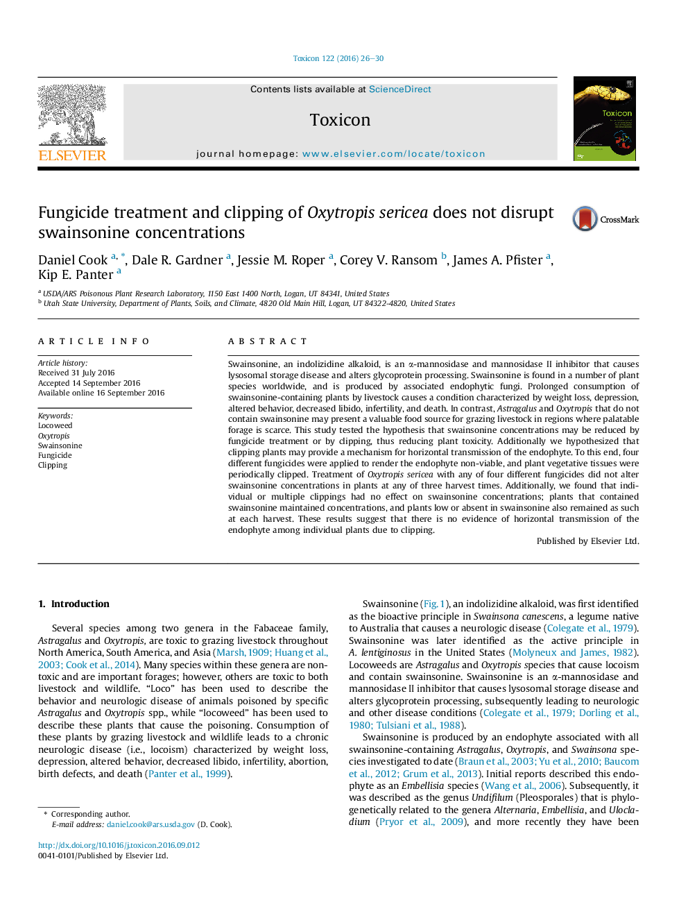 Fungicide treatment and clipping of Oxytropis sericea does not disrupt swainsonine concentrations