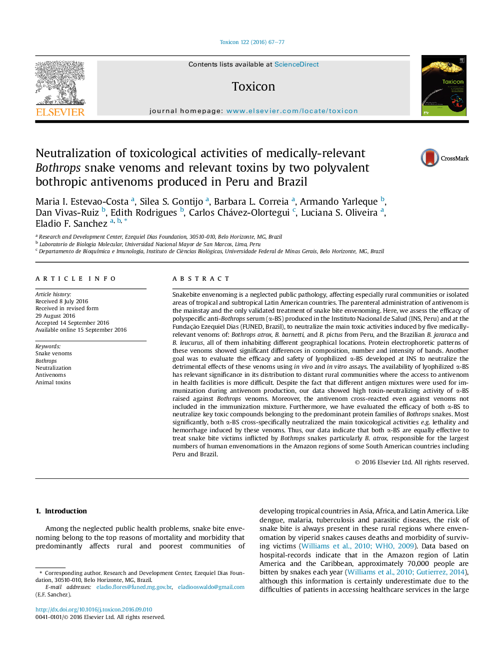 عکس صفحه اول مقاله: Neutralization of toxicological activities of medically-relevant Bothrops snake venoms and relevant toxins by two polyvalent bothropic antivenoms produced in Peru and Brazil Neutralization of toxicological activities of medically-relevant Bothrops snake venoms and relevant toxins by two polyvalent bothropic antivenoms produced in Peru and Brazil
