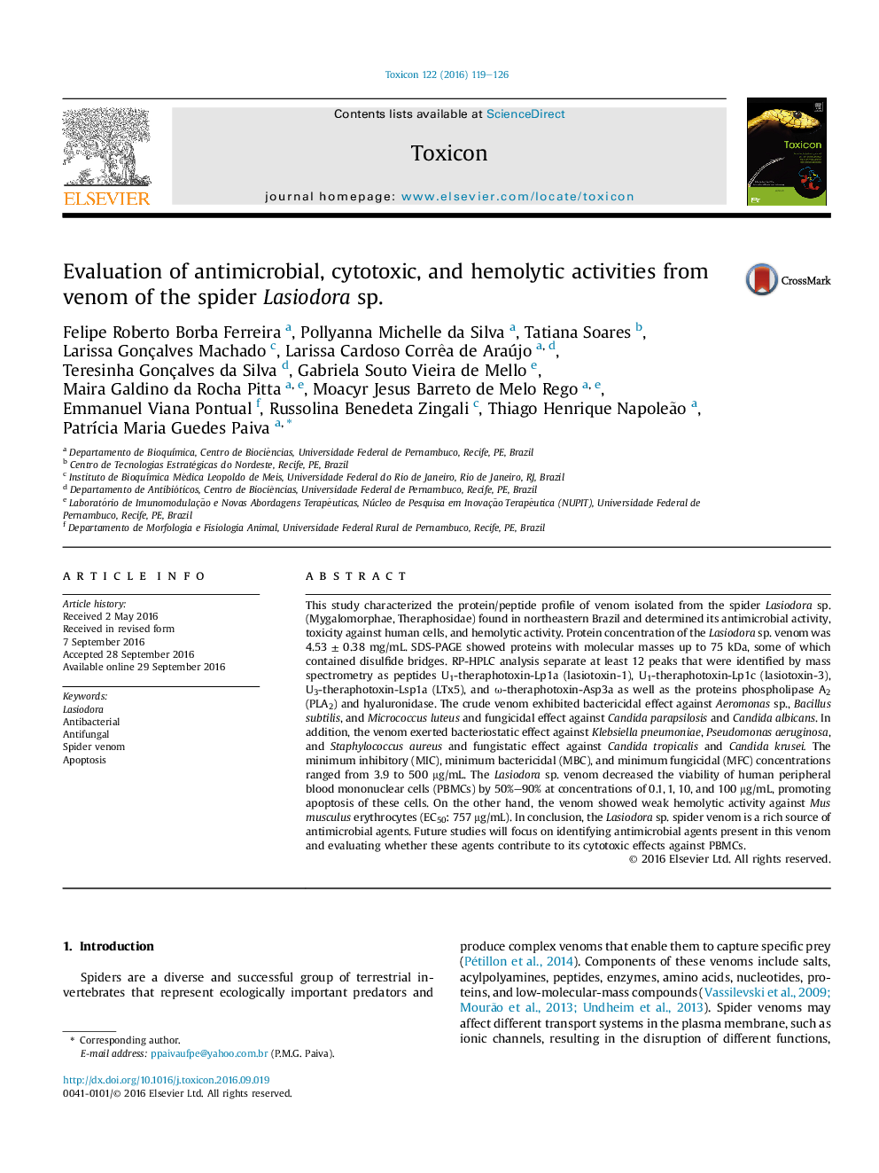 Evaluation of antimicrobial, cytotoxic, and hemolytic activities from venom of the spider Lasiodora sp.