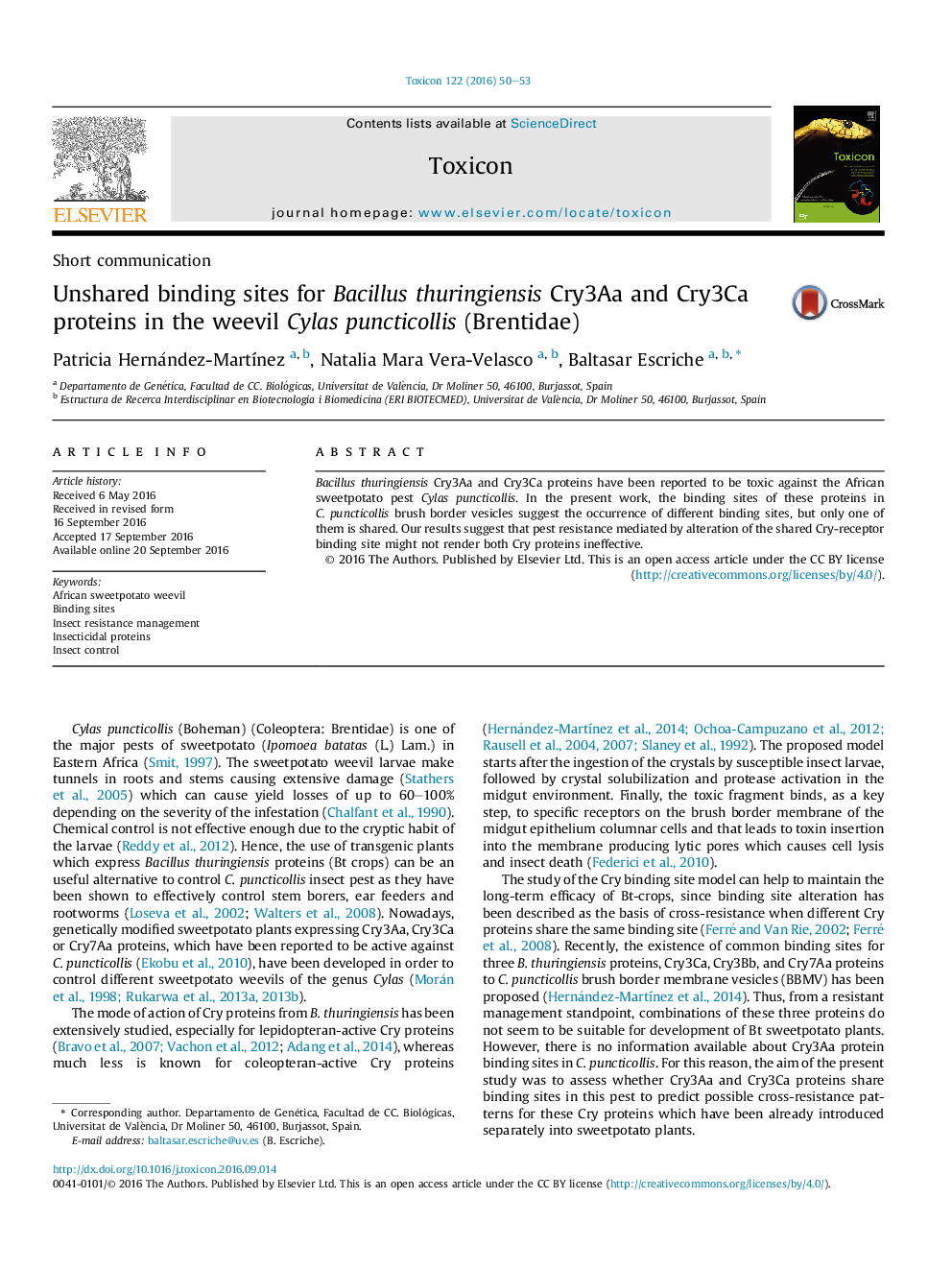 Unshared binding sites for Bacillus thuringiensis Cry3Aa and Cry3Ca proteins in the weevil Cylas puncticollis (Brentidae)