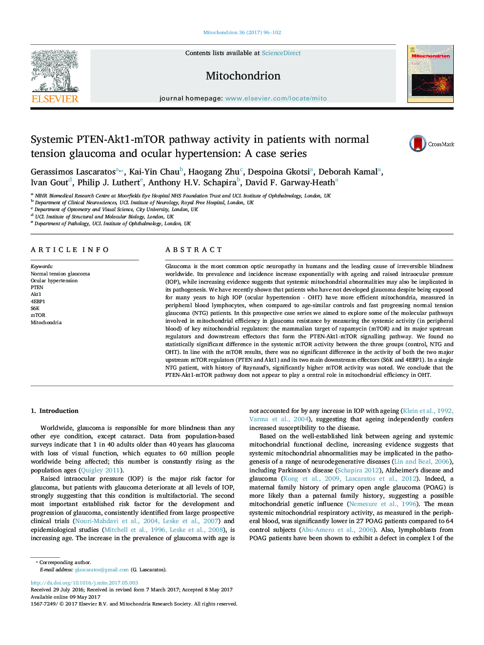 Systemic PTEN-Akt1-mTOR pathway activity in patients with normal tension glaucoma and ocular hypertension: A case series