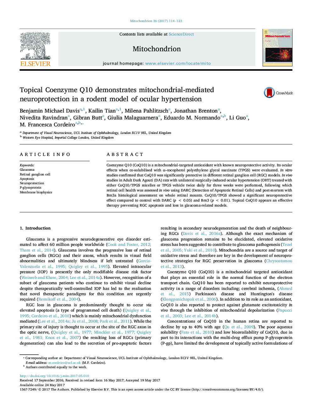 Topical Coenzyme Q10 demonstrates mitochondrial-mediated neuroprotection in a rodent model of ocular hypertension