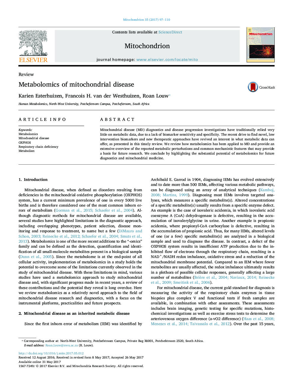 ReviewMetabolomics of mitochondrial disease