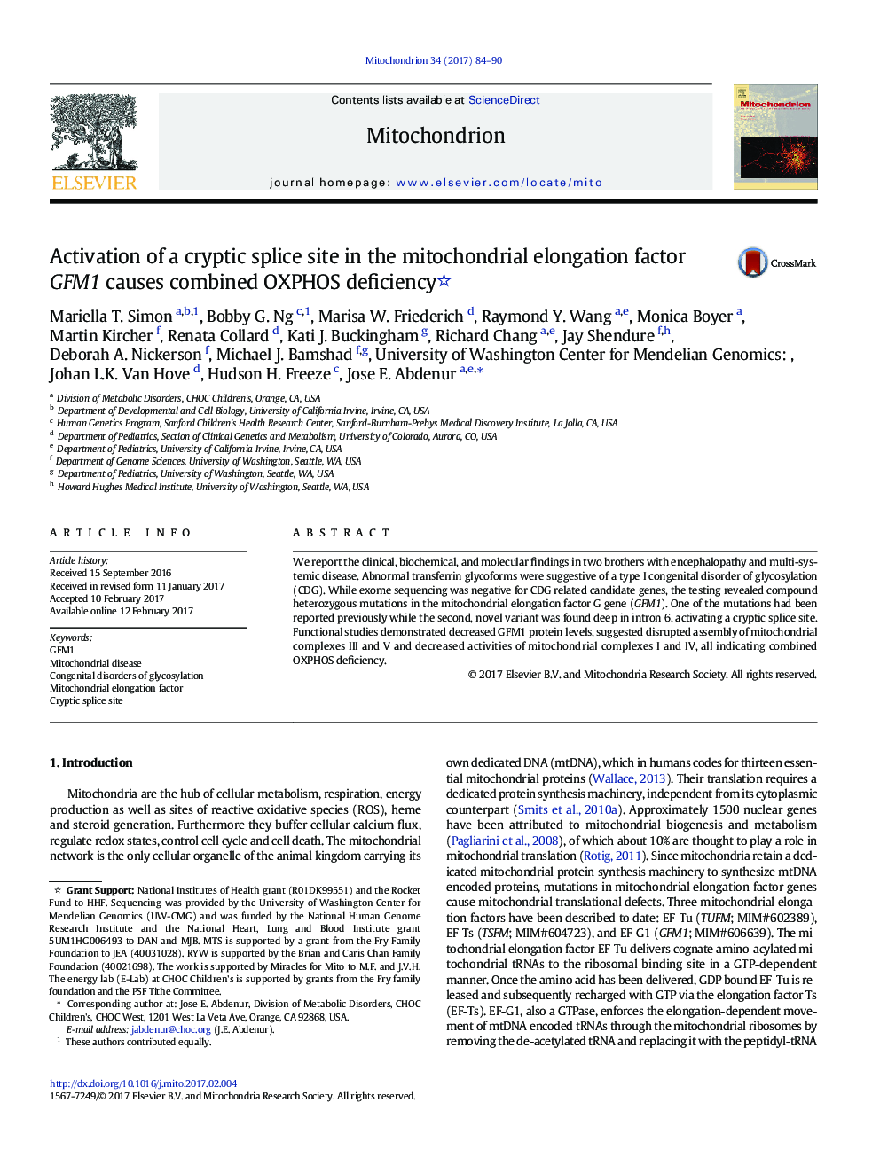 Activation of a cryptic splice site in the mitochondrial elongation factor GFM1 causes combined OXPHOS deficiency