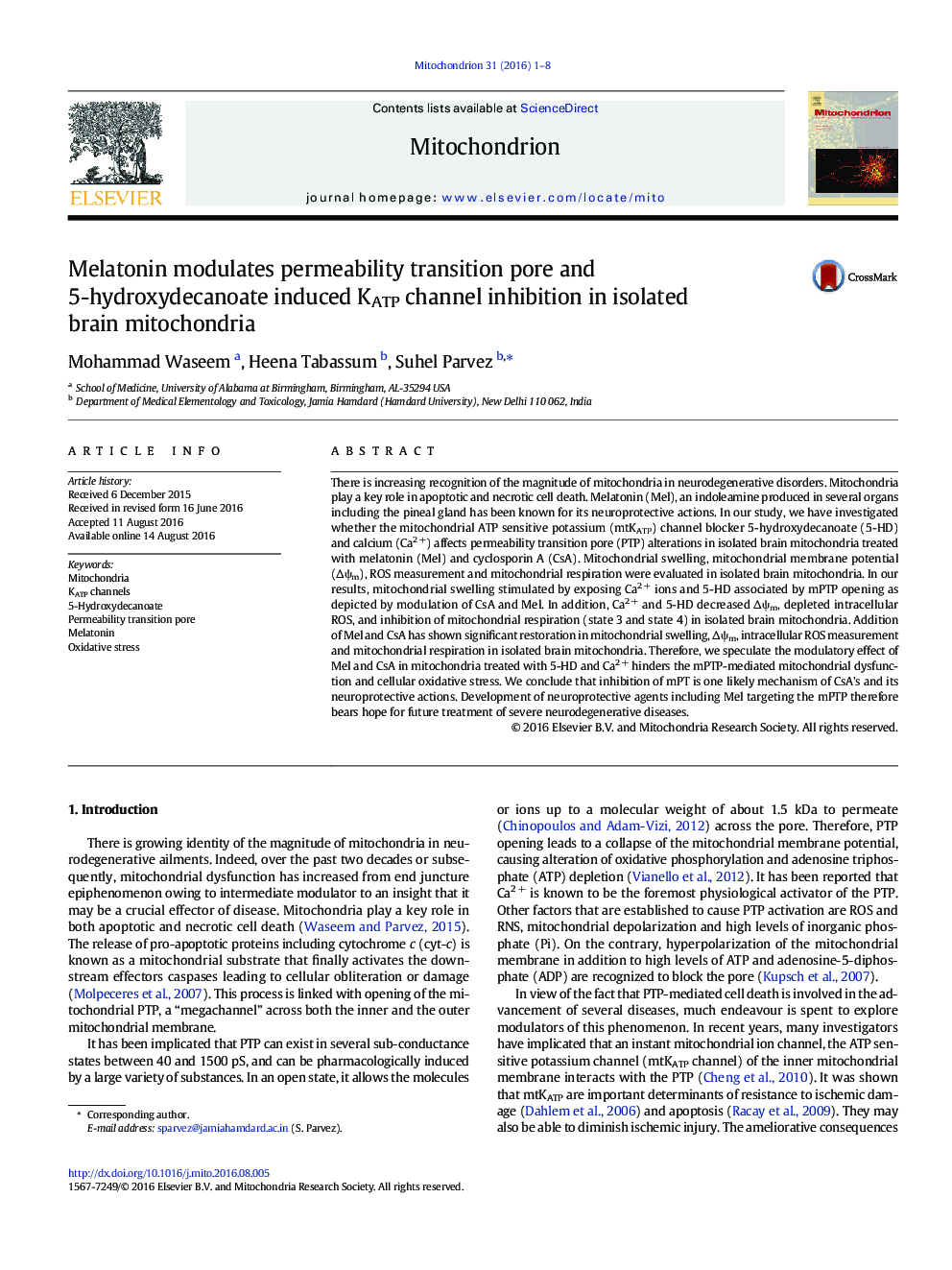 Melatonin modulates permeability transition pore and 5-hydroxydecanoate induced KATP channel inhibition in isolated brain mitochondria