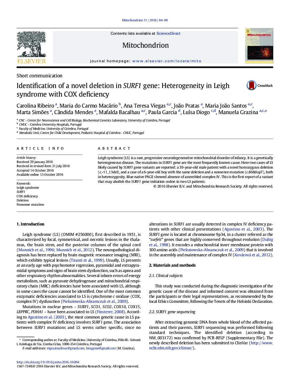 Short communicationIdentification of a novel deletion in SURF1 gene: Heterogeneity in Leigh syndrome with COX deficiency