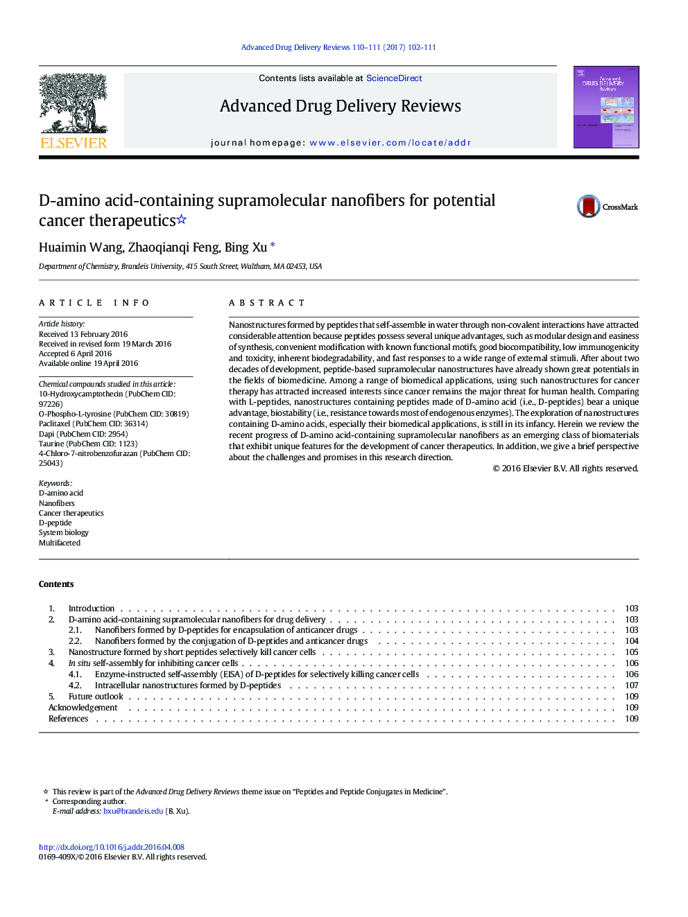 D-amino acid-containing supramolecular nanofibers for potential cancer therapeutics