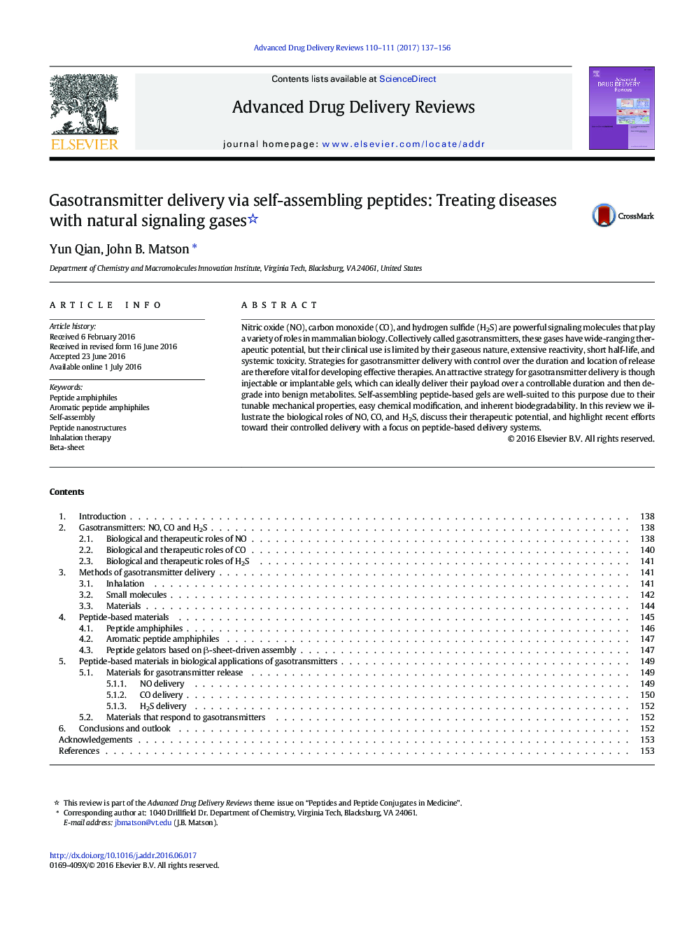 Gasotransmitter delivery via self-assembling peptides: Treating diseases with natural signaling gases