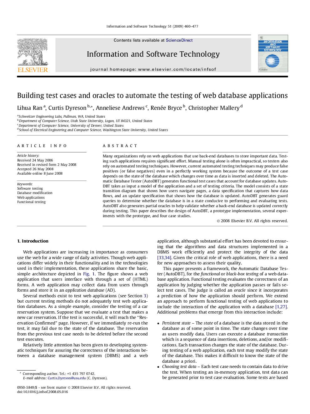 Building test cases and oracles to automate the testing of web database applications